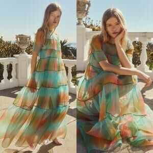 Staud Hyacinth Short Sleeve Tiered Organza Maxi Dress Multi Aura Size XS